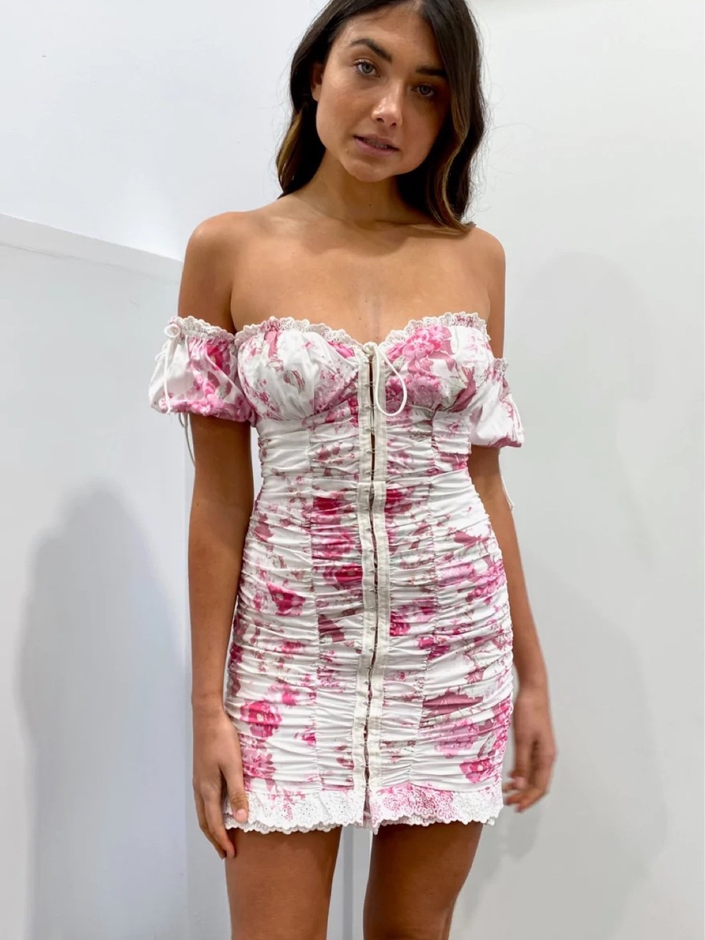 For Love And Lemons Pink & White Off-Shoulder Ruched Mini Dress